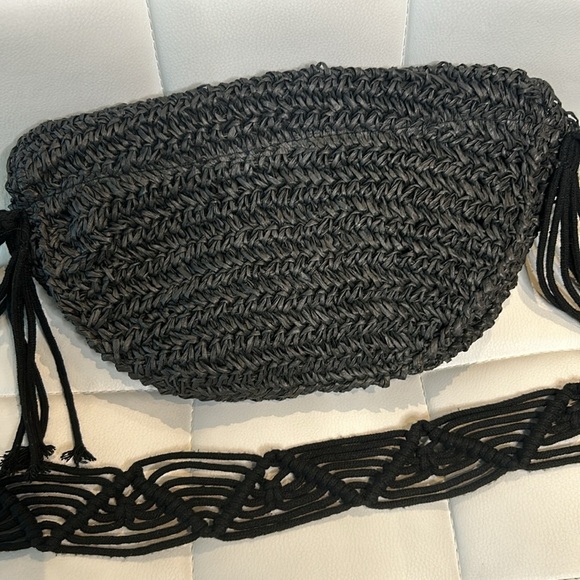 Primark Black Raffia Macrame Shoulder Strap Crossbody Bohemian Bag NWT - Picture 5 of 16